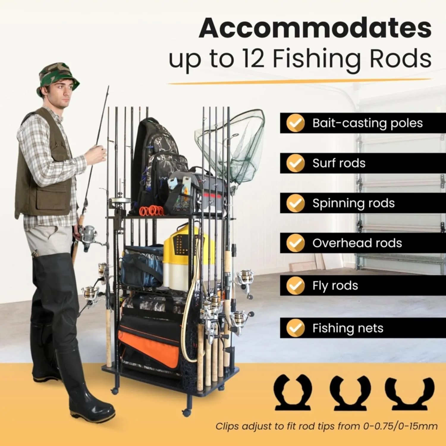 Rush Creek Creations Rod Holders for Garage Fishing Pole Rack Holds up to 12 Rods and Reel Combos - Mobile Garage or Shed Organizer car Fishing Gear Storage