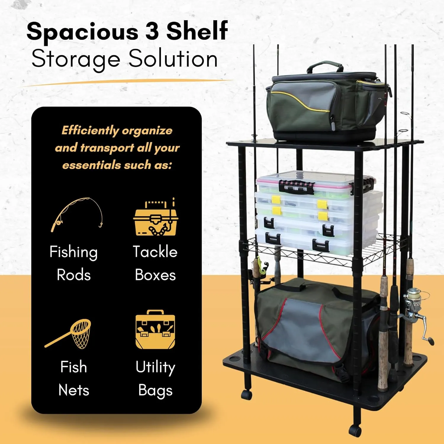 Rush Creek Creations Rod Holders for Garage Fishing Pole Rack Holds up to 12 Rods and Reel Combos - Mobile Garage or Shed Organizer car Fishing Gear Storage