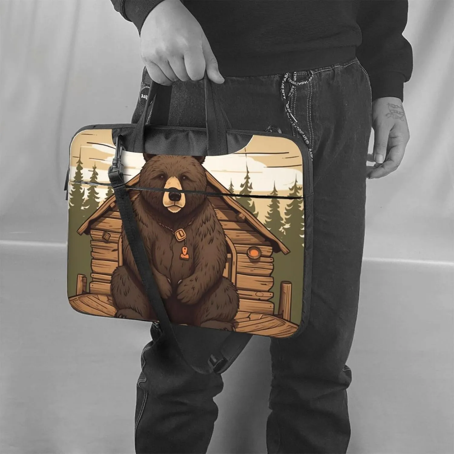 Rustic Lodge Bear Laptop Shoulder Bag Portable Laptop Bag Laptop Case Crossbody Briefcase w/Strap Handle