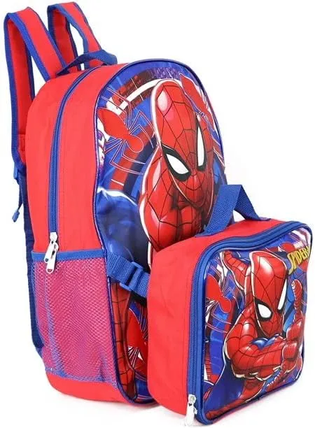 Ruz Spiderman Boys 16 Inch Backpack With Removable Matching Lunch Box Set (Red-Blue)