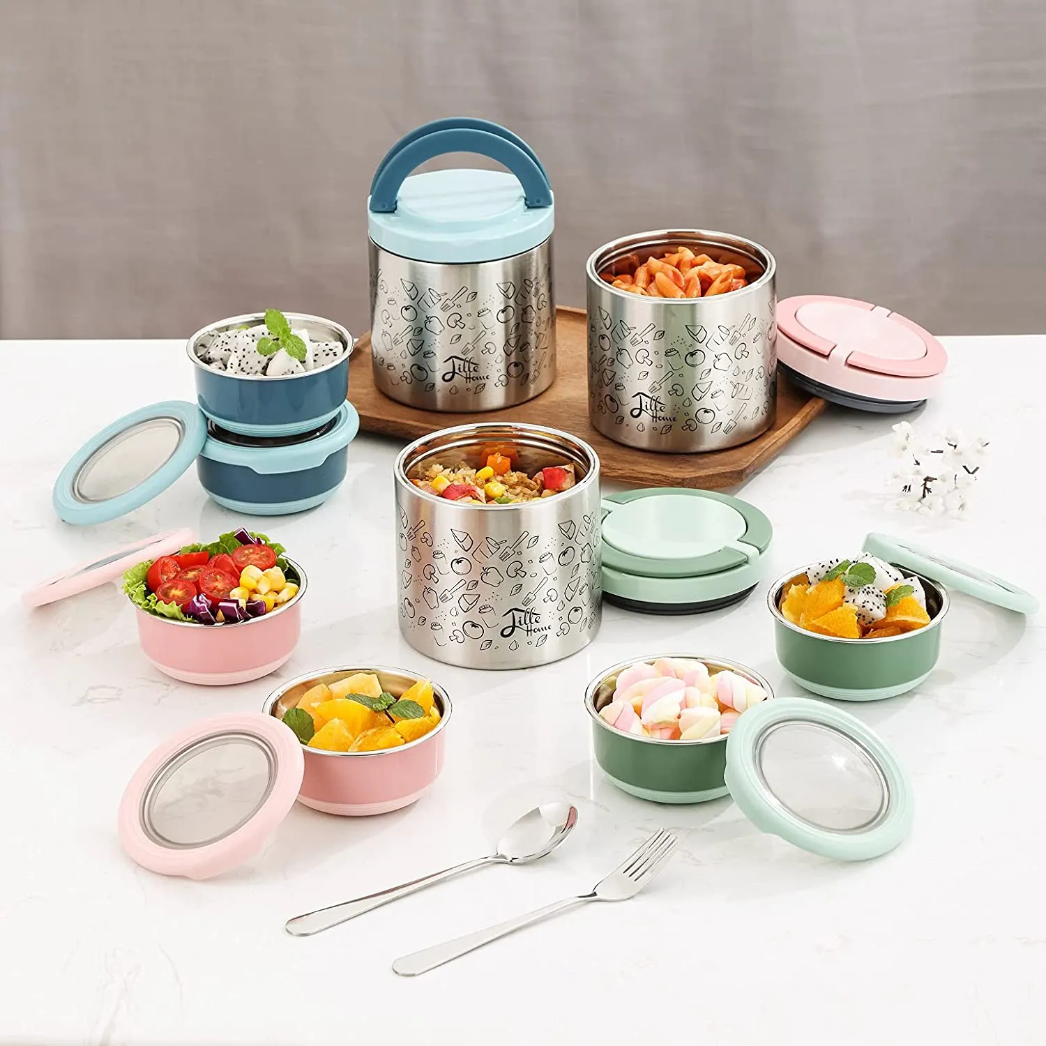 Rynx | Lille Home Lunch Box Set, A vacuum insulated bento/snack box that keeps food warm for 4-6 hours, Two food containers made of stainless steel, A lunch bag, A portable cutlery set (Pink)