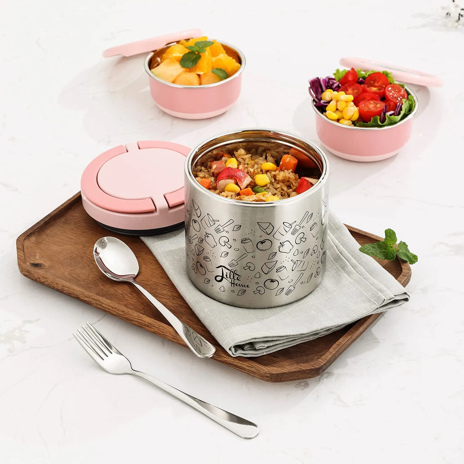 Rynx | Lille Home Lunch Box Set, A vacuum insulated bento/snack box that keeps food warm for 4-6 hours, Two food containers made of stainless steel, A lunch bag, A portable cutlery set (Pink)