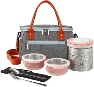 Rynx | Lille Home Lunch Box Set, A vacuum insulated bento/snack box that keeps food warm for 4-6 hours, Two food containers made of stainless steel, A lunch bag, A portable cutlery set (Pink)