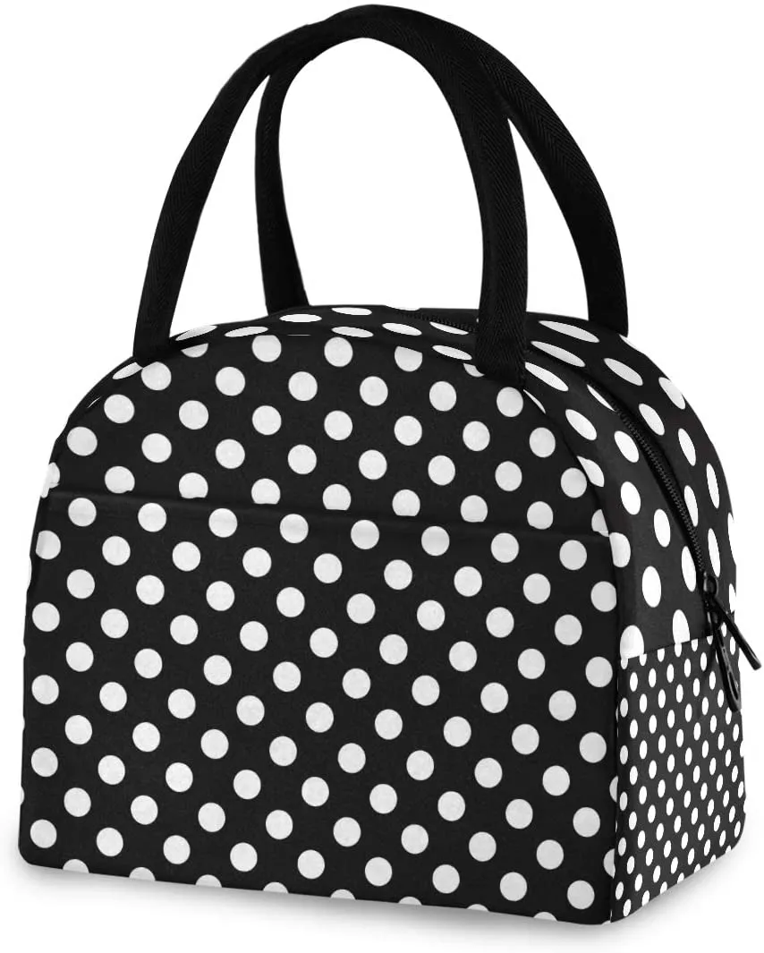 Rynx | ZZKKO Polka Dot Black and White Lunch Bag Box Tote Organizer Lunch Container Insulated Zipper Meal Prep Cooler Bag For Women Men Home School Office Outdoor Use