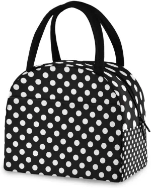 Rynx | ZZKKO Polka Dot Black and White Lunch Bag Box Tote Organizer Lunch Container Insulated Zipper Meal Prep Cooler Bag For Women Men Home School Office Outdoor Use