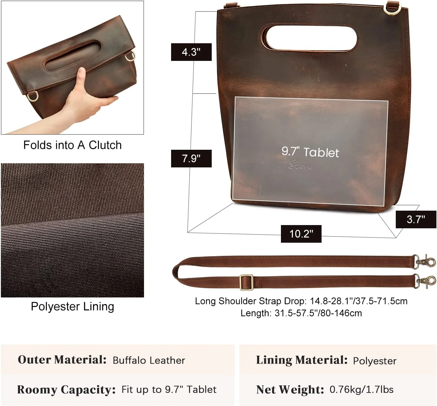 S-ZONE Women Vintage Genuine Leather Crossbody Bag Distressed Foldable Clutch Top Handle Handbag Purse
