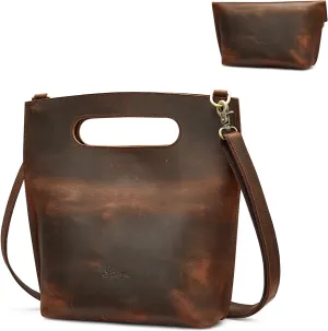 S-ZONE Women Vintage Genuine Leather Crossbody Bag Distressed Foldable Clutch Top Handle Handbag Purse