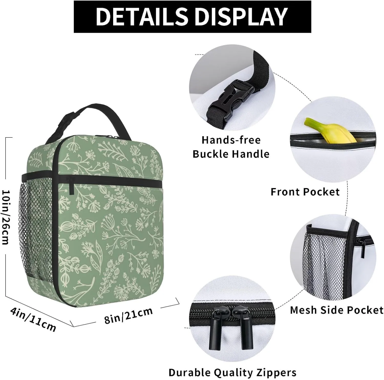 Sage Green Lunch Box for Adults Kids Women Men Botanical Herbs Plants Lunch Bag Cooler Tote Reusable Insulated Lunch Bag Container Gifts for Office Picnic Travel Work School