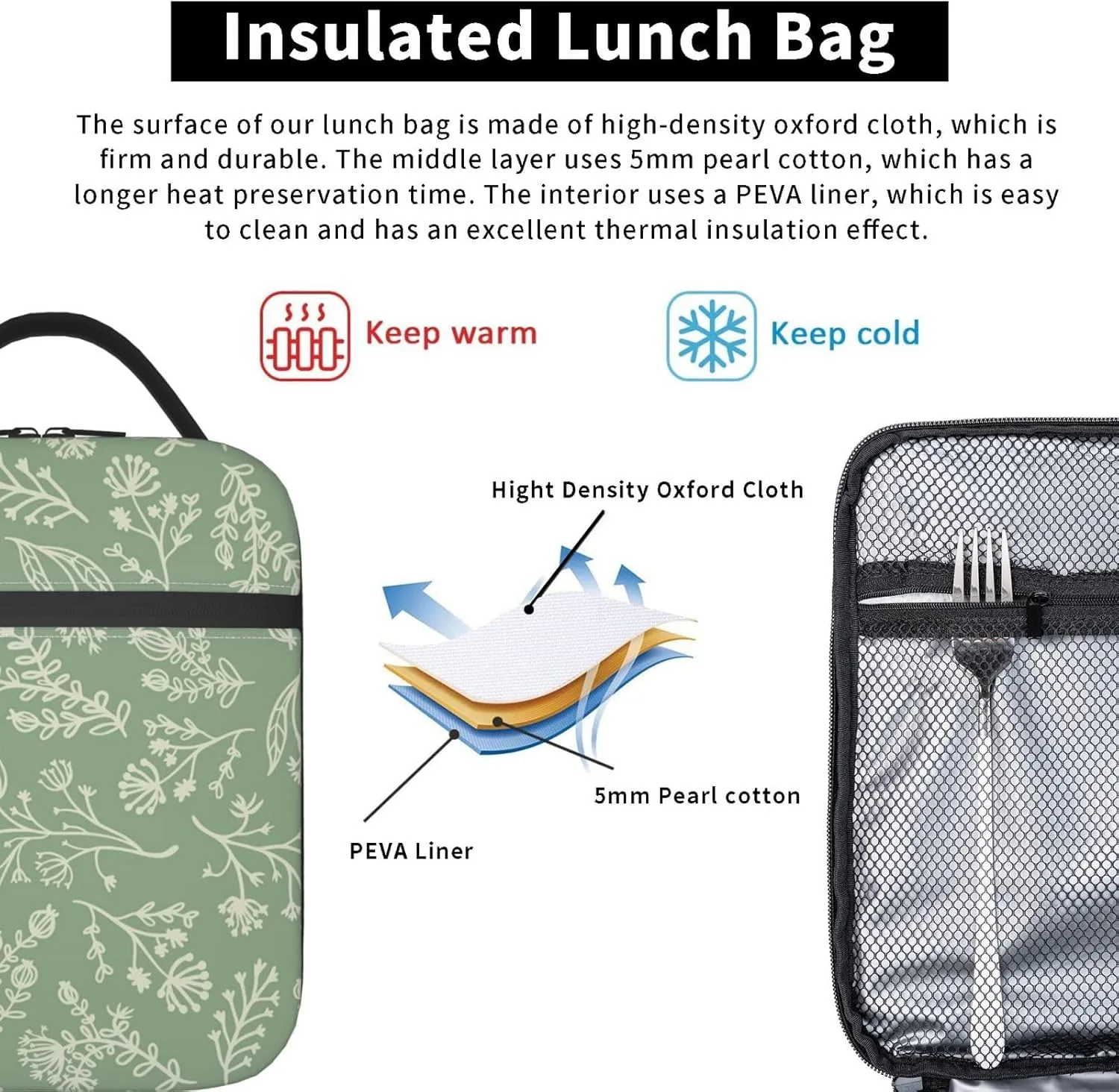 Sage Green Lunch Box for Adults Kids Women Men Botanical Herbs Plants Lunch Bag Cooler Tote Reusable Insulated Lunch Bag Container Gifts for Office Picnic Travel Work School