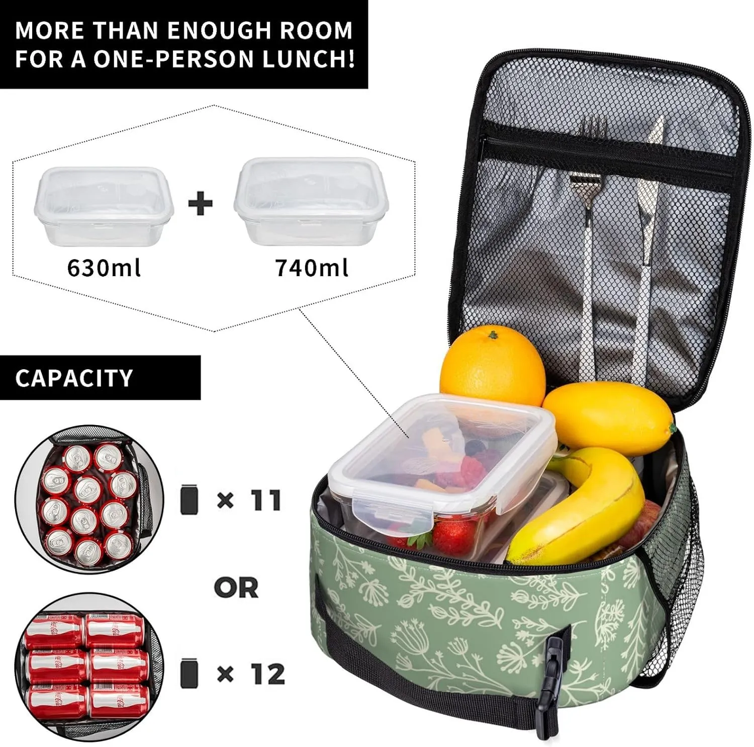 Sage Green Lunch Box for Adults Kids Women Men Botanical Herbs Plants Lunch Bag Cooler Tote Reusable Insulated Lunch Bag Container Gifts for Office Picnic Travel Work School