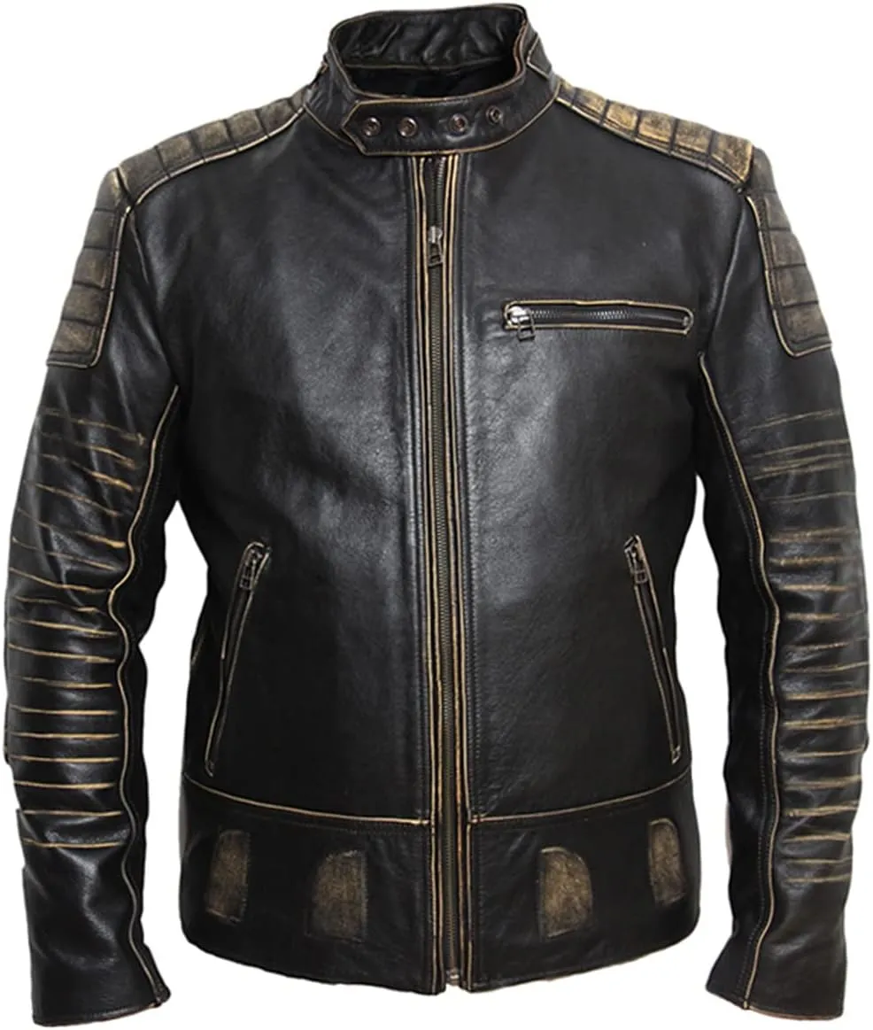 Salaar & Co Men’s Black Slim Fit Vintage Biker Leather Jacket, Grunge Skull Design, Genuine Cowhide Motorcycle Rider
