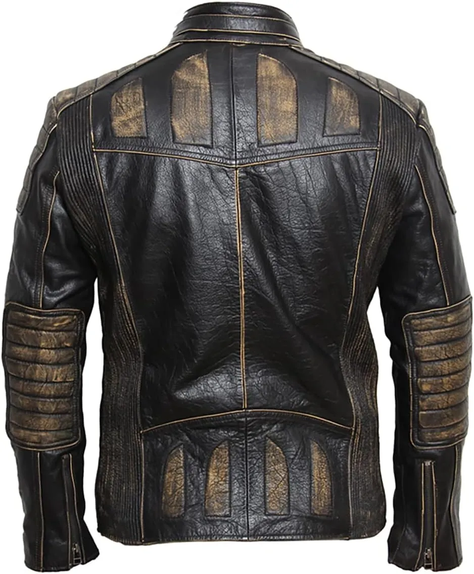 Salaar & Co Men’s Black Slim Fit Vintage Biker Leather Jacket, Grunge Skull Design, Genuine Cowhide Motorcycle Rider