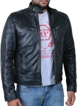 Salaar & Co Men’s Genuine Sheepskin Biker Jacket - Handsome Moto Rider Style with Stand Collar, Korean Influence, Slim Fit