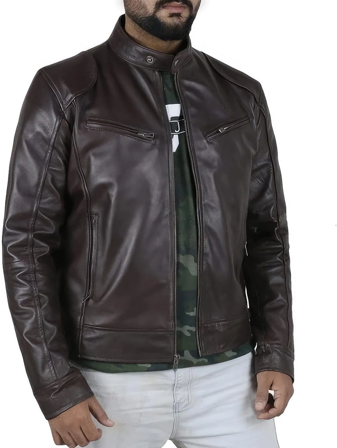 Salaar & Co Men’s Genuine Sheepskin Biker Jacket - Handsome Moto Rider Style with Stand Collar, Korean Influence, Slim Fit