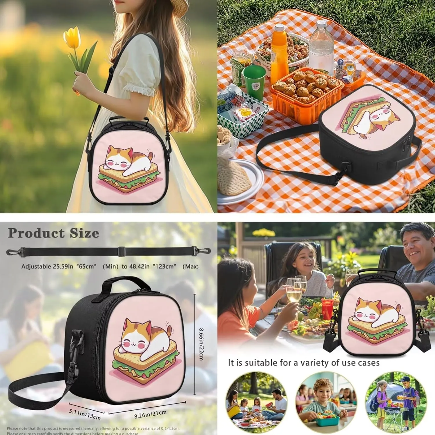 Sandwich Cat Insulated Lunch Bag for Girls with Utensils Set Preppy Lunch Bag Leak-Proof CompartmentsThick Material Pack Crossbody Keep Food Fresh Strap Detacahle