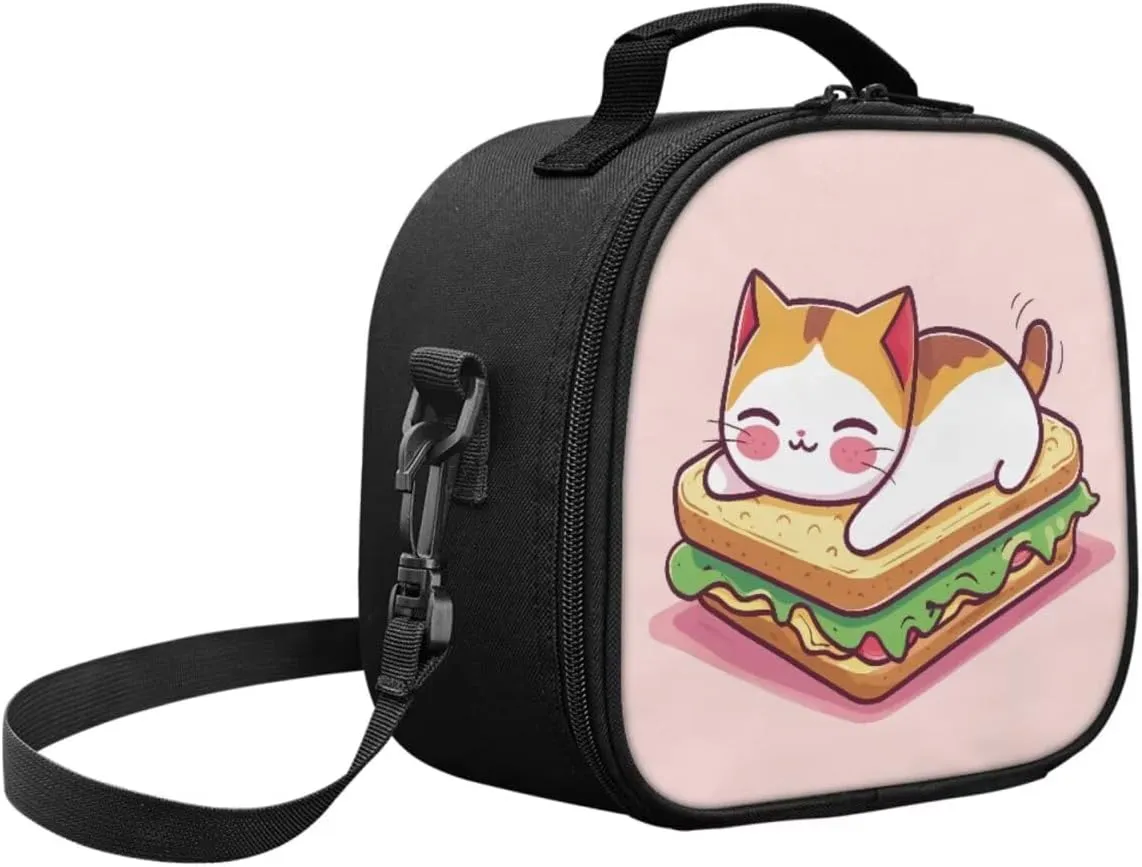 Sandwich Cat Insulated Lunch Bag for Girls with Utensils Set Preppy Lunch Bag Leak-Proof CompartmentsThick Material Pack Crossbody Keep Food Fresh Strap Detacahle