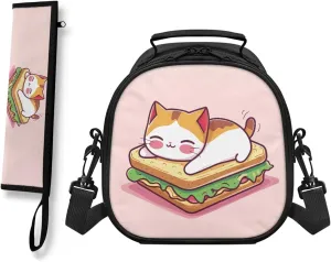 Sandwich Cat Insulated Lunch Bag for Girls with Utensils Set Preppy Lunch Bag Leak-Proof CompartmentsThick Material Pack Crossbody Keep Food Fresh Strap Detacahle