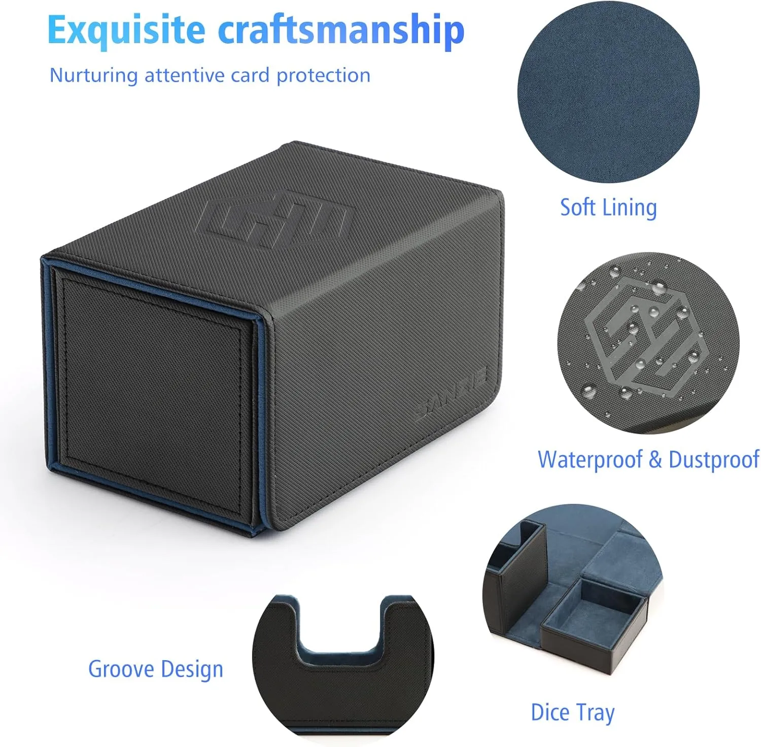 SANZIE Card Deck Box with Dice Tray for MTG Commander Deck Box fits 200  Single Sleeved Trading Cards PTCG TCG Deck for Magic Game Cards (Black&Blue)