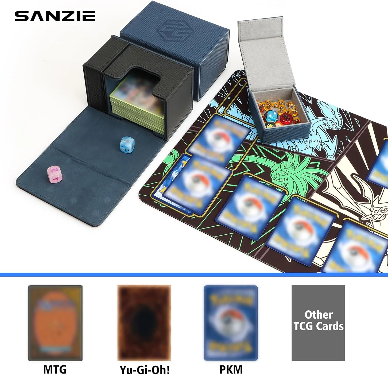SANZIE Card Deck Box with Dice Tray for MTG Commander Deck Box fits 200  Single Sleeved Trading Cards PTCG TCG Deck for Magic Game Cards (Black&Blue)