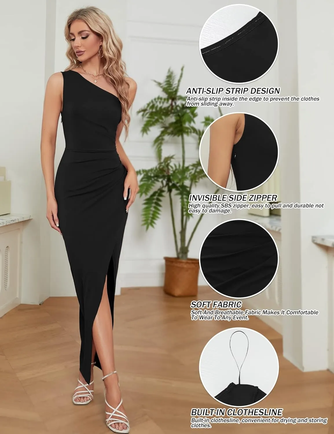 Sarin Mathews Womens One Shoulder Long Formal Dress Sexy Summer Sleeveless Bodycon Ruched Wrap Split Cocktail Dresses