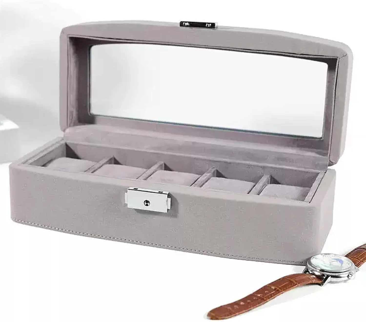 SBCC Watch storage box 5-position, with lock, mechanical watch display box desktop watch integrated box(Gray)