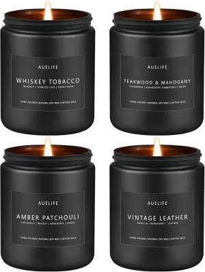 Scented Candles Set | Gifts for Men - 4Pack Masculine Candle, Soy Candles for Home Scented, Aromatherapy Gift for Dad Fathers Day, Home Fragrance of Whiskey Tobacco/Mahogany/Amber Patchouli/Leather