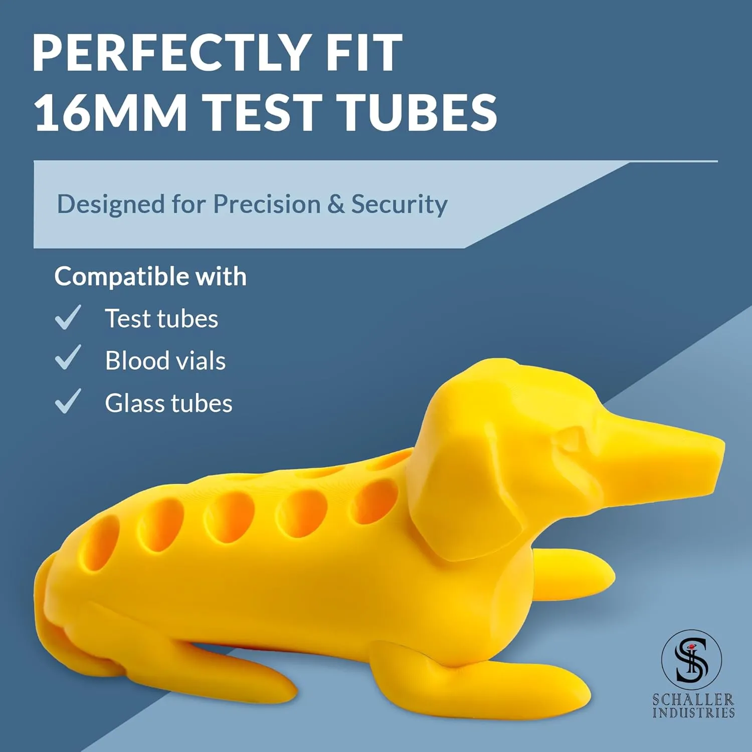 Schaller Industries Test Tube Rack – Vertical Storage Tube Organizer for 16mm - Test Tube Holder Rack and Vial Holder – Glass Tube Drying Rack, Fun Dachshund Design - Holds 10 Tubes - Bright Yellow