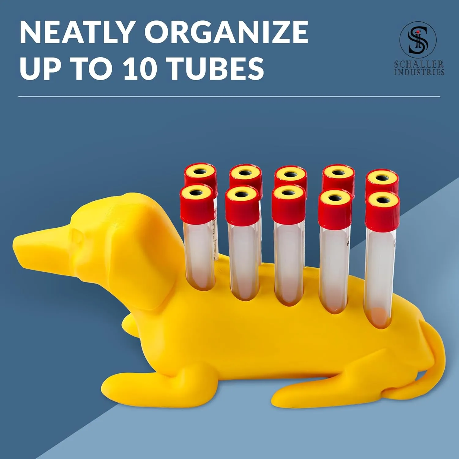 Schaller Industries Test Tube Rack – Vertical Storage Tube Organizer for 16mm - Test Tube Holder Rack and Vial Holder – Glass Tube Drying Rack, Fun Dachshund Design - Holds 10 Tubes - Bright Yellow