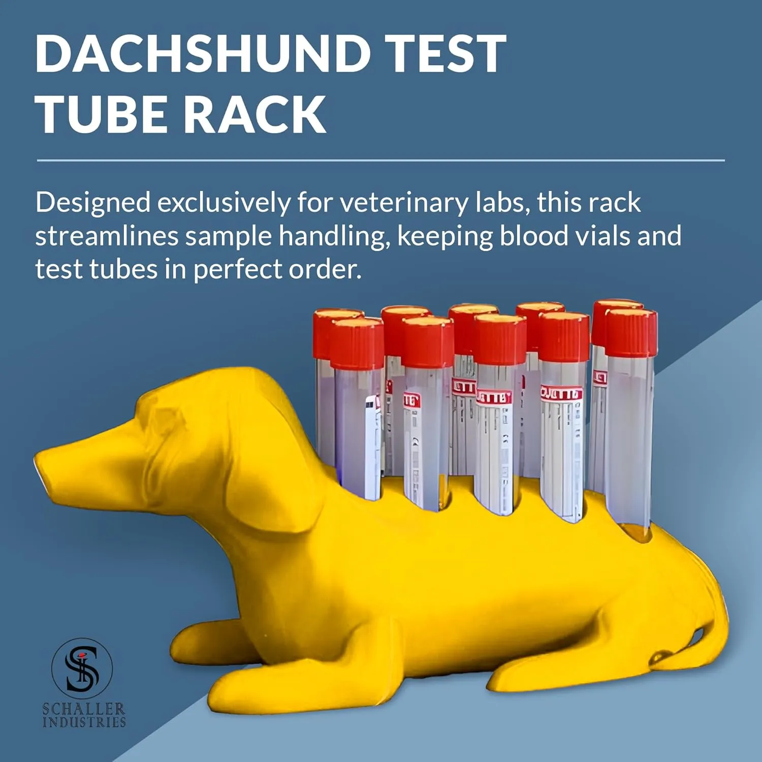 Schaller Industries Test Tube Rack – Vertical Storage Tube Organizer for 16mm - Test Tube Holder Rack and Vial Holder – Glass Tube Drying Rack, Fun Dachshund Design - Holds 10 Tubes - Bright Yellow