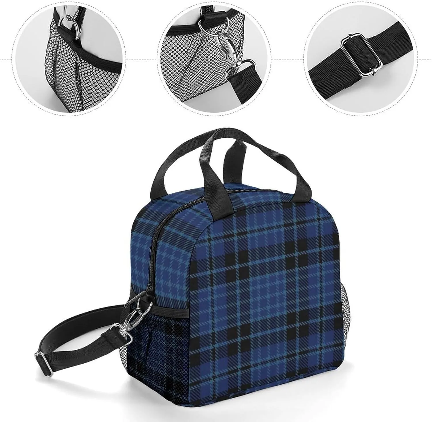 Scottish Clergy Blue Black White Tartan Adjustable Shoulder Strap Insulated And Leak Proof Premium Lunch Bag Unisex