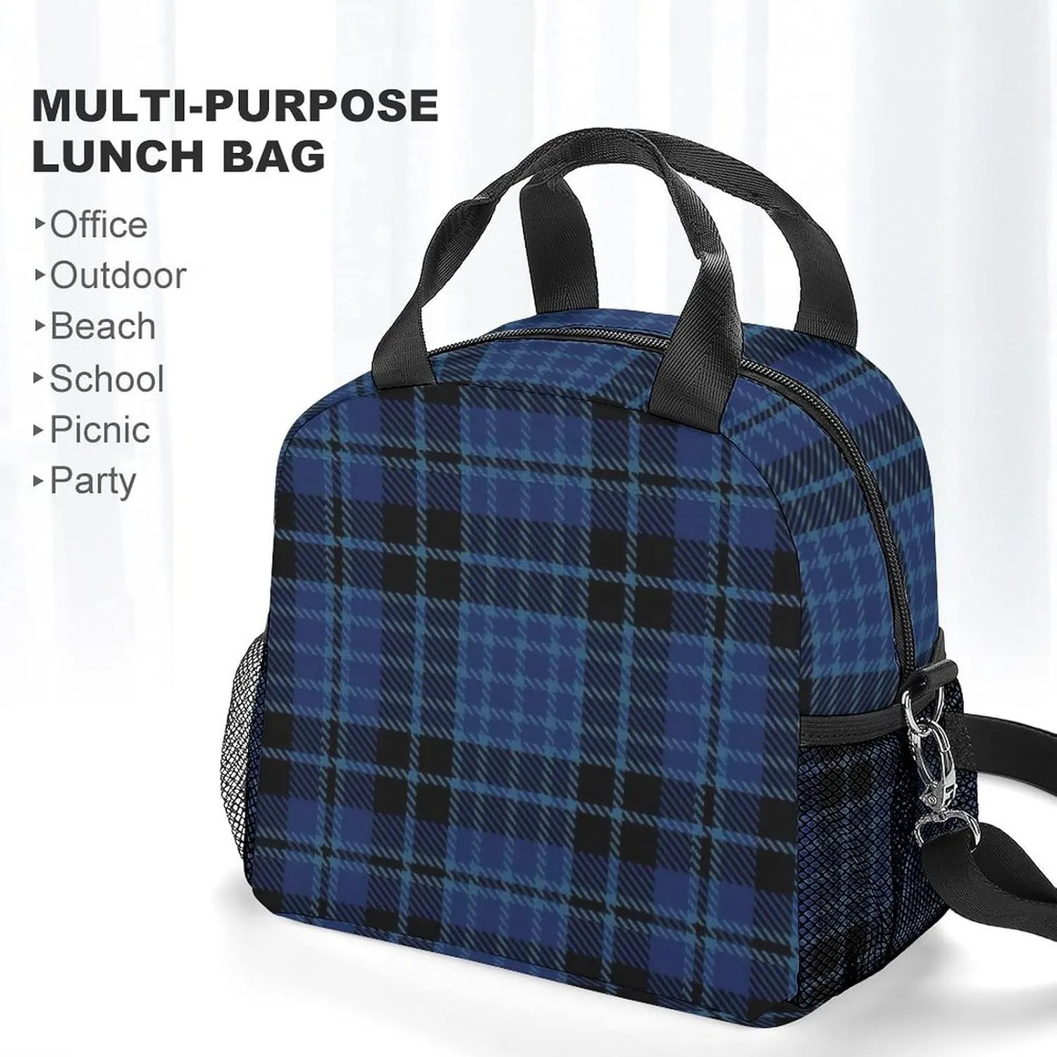 Scottish Clergy Blue Black White Tartan Adjustable Shoulder Strap Insulated And Leak Proof Premium Lunch Bag Unisex