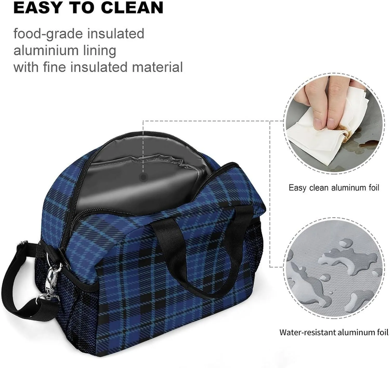 Scottish Clergy Blue Black White Tartan Adjustable Shoulder Strap Insulated And Leak Proof Premium Lunch Bag Unisex