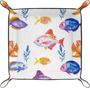 Seamless Watercolor Colorful Fish Microfiber Leather Dice Trays Folding for RPG DND Table Games, Leather Dice Holder Storage Box Portable Folding Rolling Dice Tray, 16x16cm