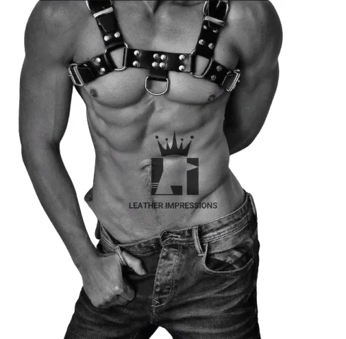 Seductive Leather Male Chest Harness With Rolling Buckles