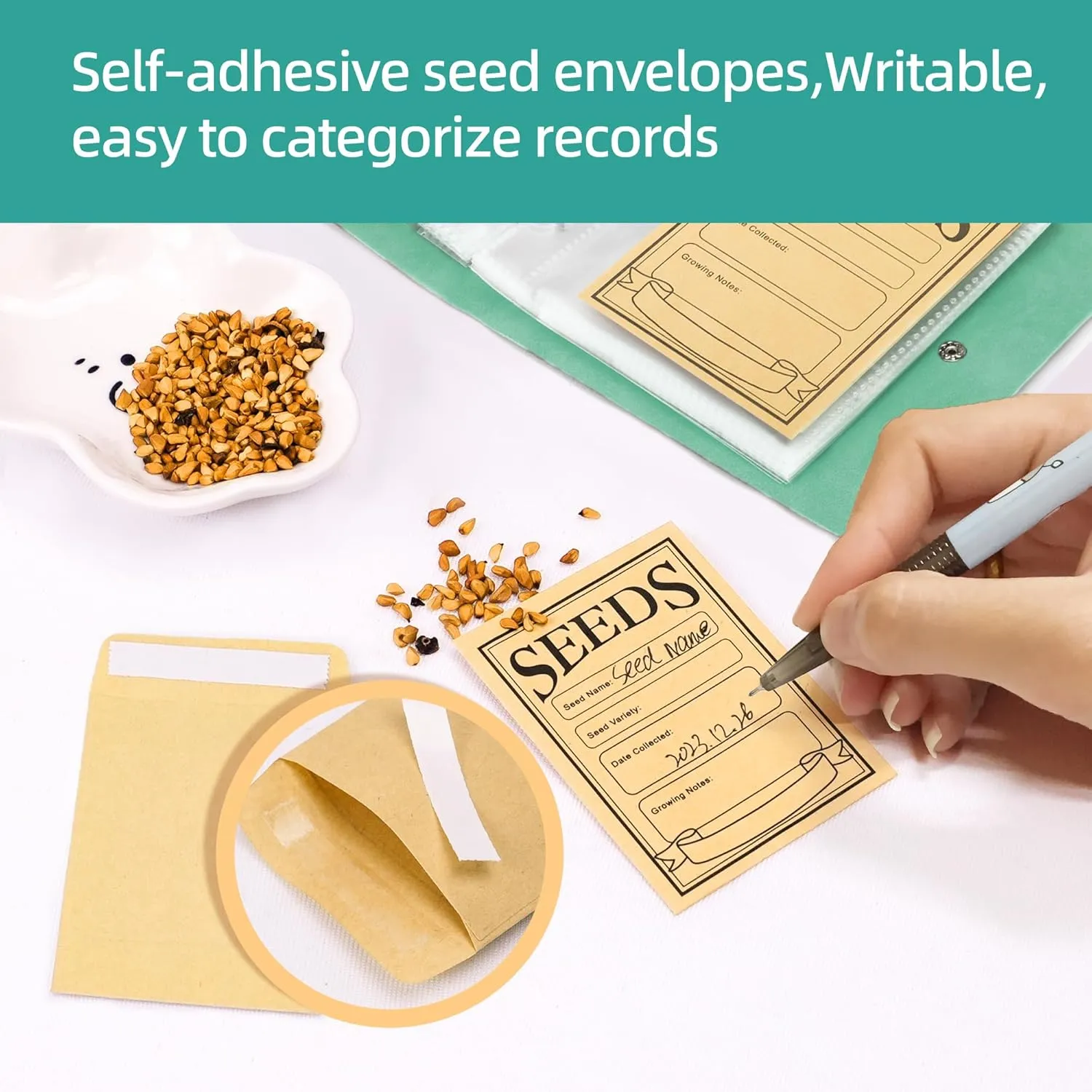 Seed Storage Organizer, 50 Pockets Seed Sleeves Binder with Envelopes Garden Seed Organizer Storage,Seed Packet Organizer Seed Collecting Template for Vegetable (Green, 3.5" x 5.12"- Pocket)