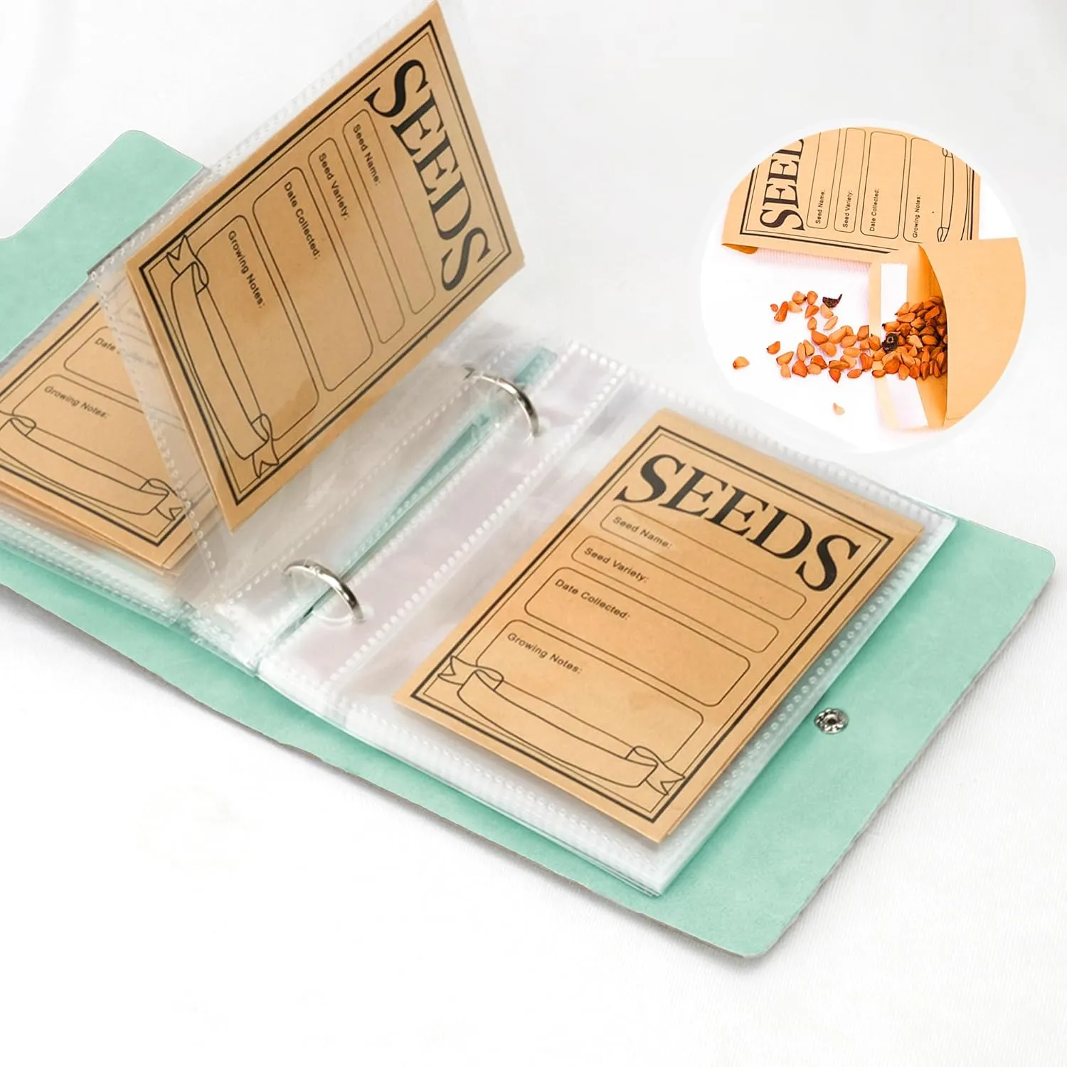 Seed Storage Organizer, 50 Pockets Seed Sleeves Binder with Envelopes Garden Seed Organizer Storage,Seed Packet Organizer Seed Collecting Template for Vegetable (Green, 3.5" x 5.12"- Pocket)
