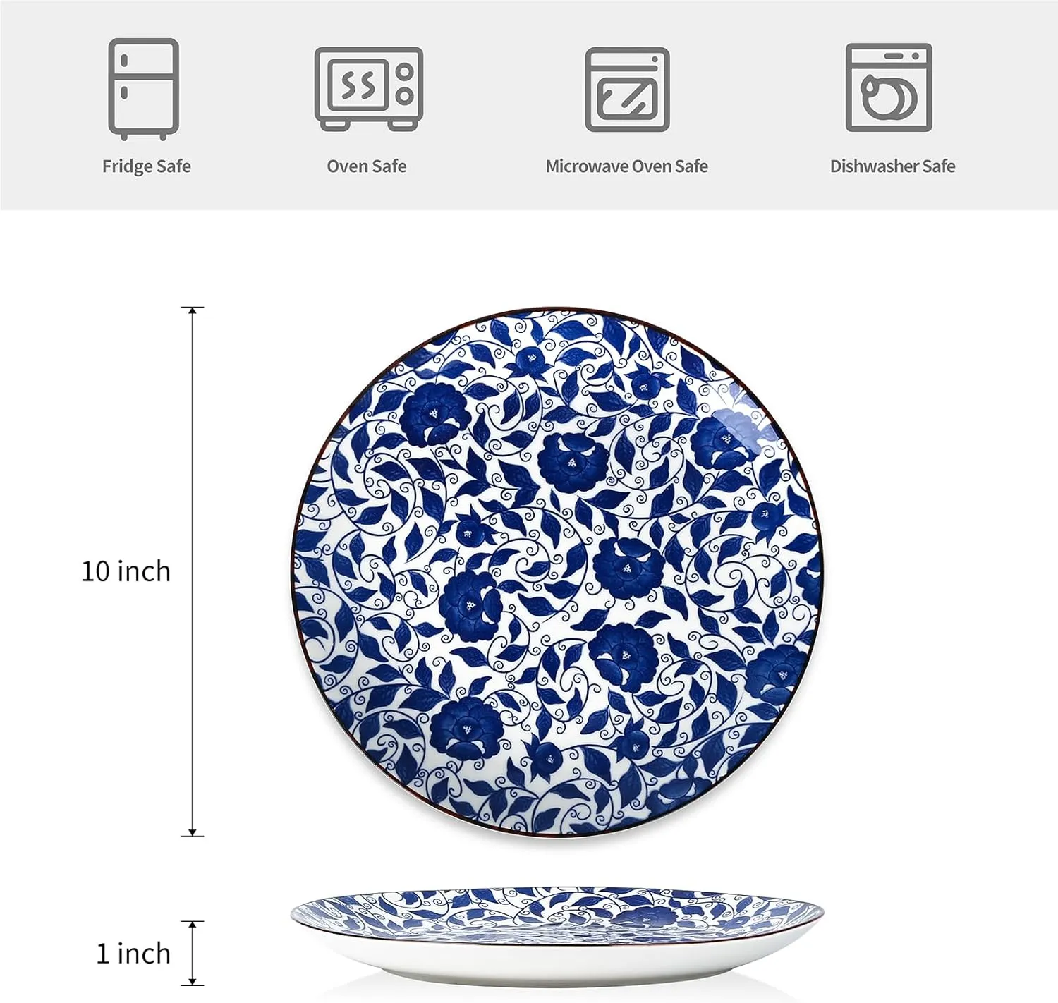 Selamica 10 Inch Kitchen Serving Plates, Large Dessert Plates Ceramic for Salad Pasta Steak, Microwave Dishwasher Safe, Set of 6, Blue