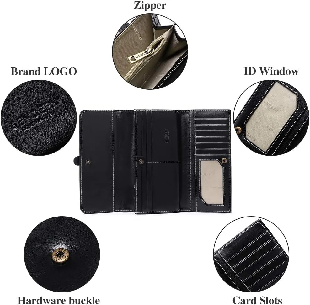 SENDEFN Wallets for Women Real Leather with RFID Blocking Trifold Credit Card Holder with ID Window Wallet