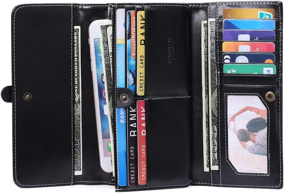 SENDEFN Wallets for Women Real Leather with RFID Blocking Trifold Credit Card Holder with ID Window Wallet