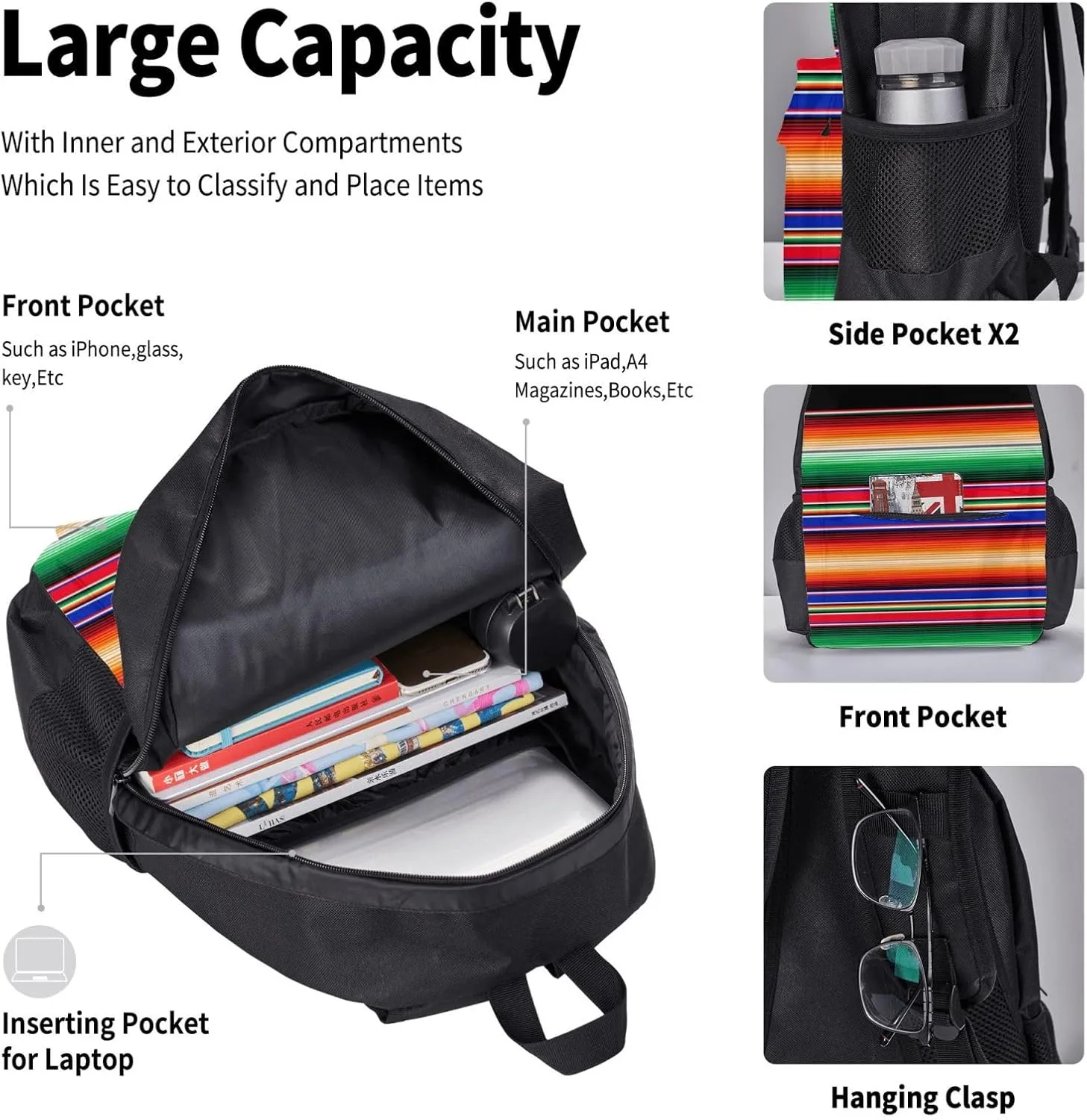 Serape Rainbow Stripes Mexican Pattern Multifunctional Pocket Backpack Crossbody Lunch Bag Pencil Case 3Pcs Set Large Capacity Backpack