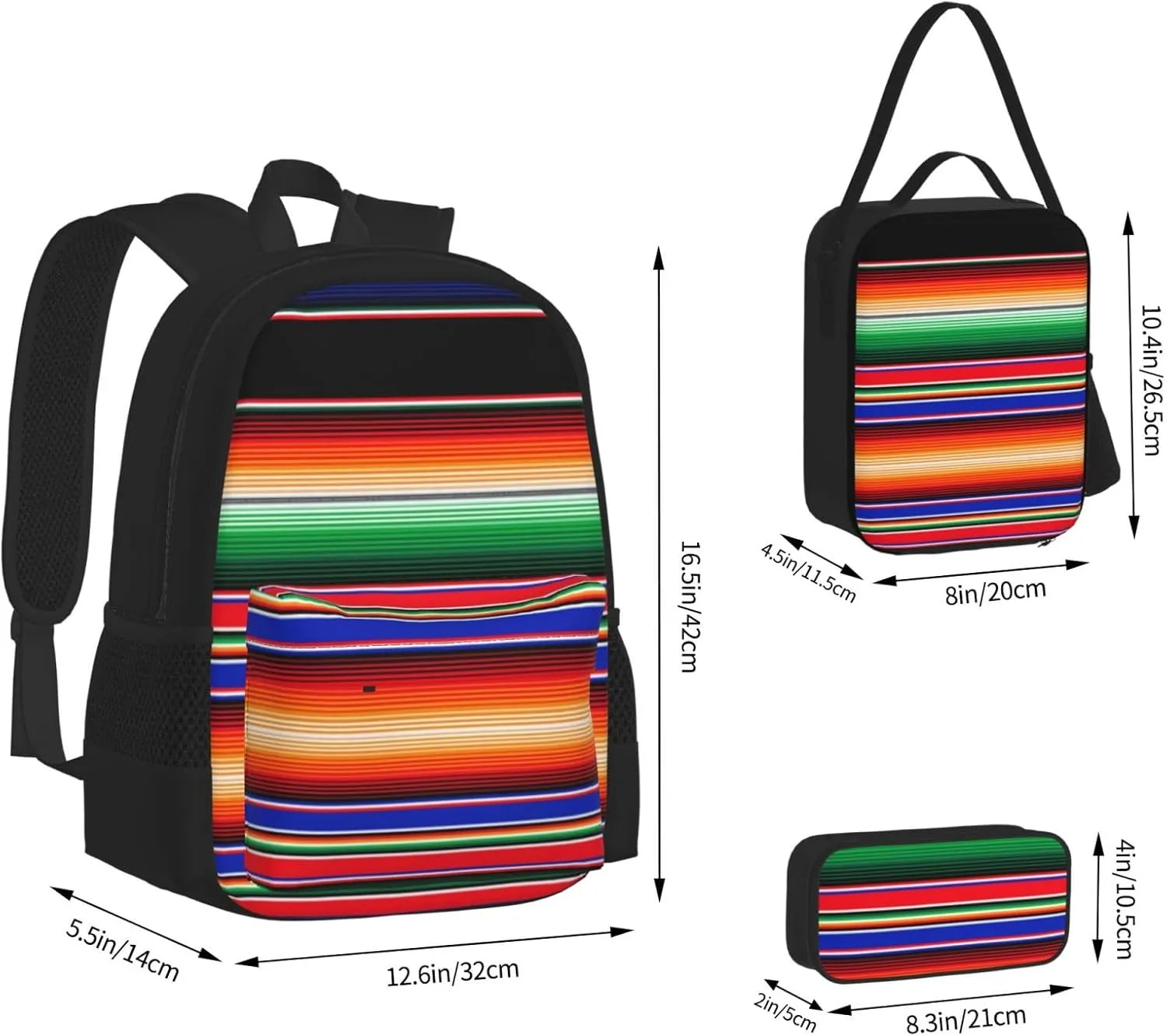Serape Rainbow Stripes Mexican Pattern Multifunctional Pocket Backpack Crossbody Lunch Bag Pencil Case 3Pcs Set Large Capacity Backpack