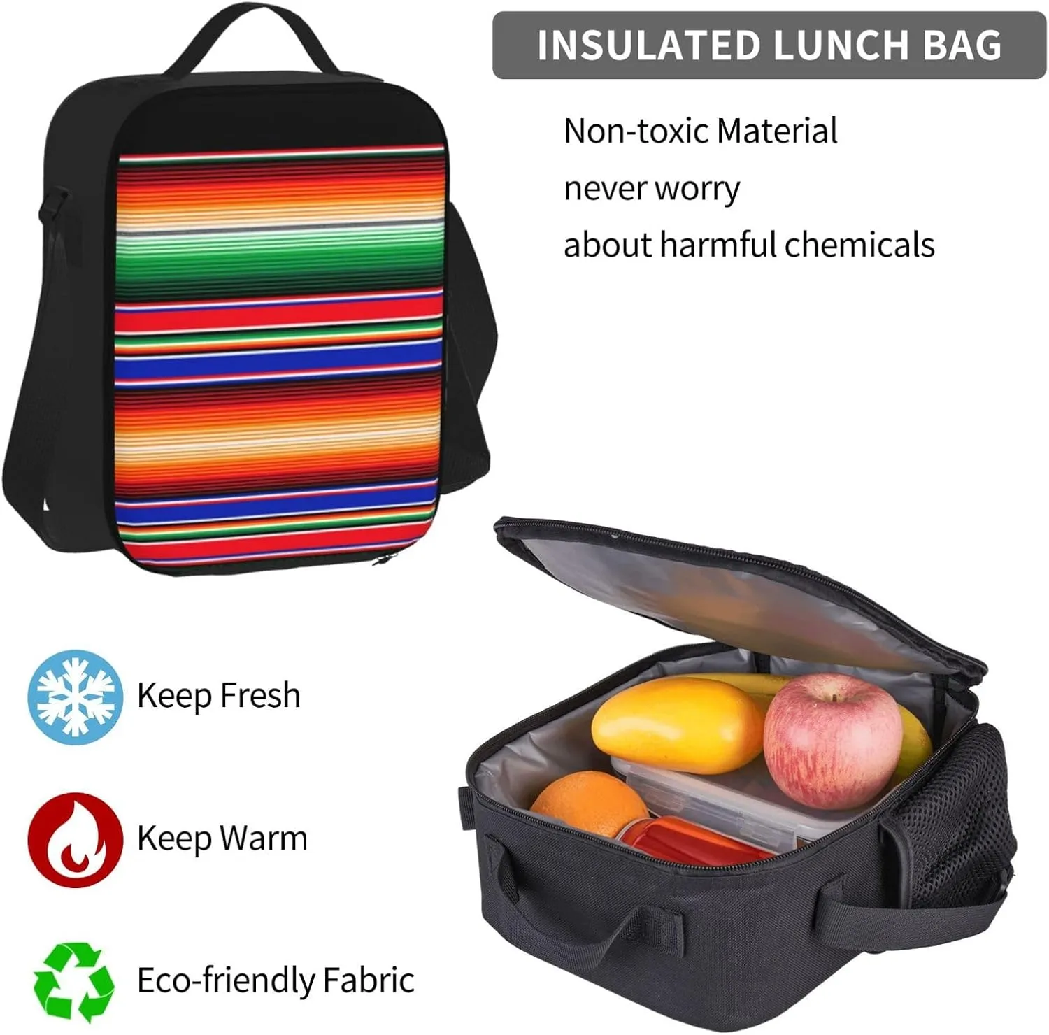 Serape Rainbow Stripes Mexican Pattern Multifunctional Pocket Backpack Crossbody Lunch Bag Pencil Case 3Pcs Set Large Capacity Backpack