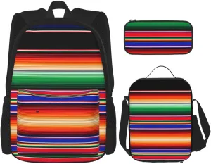 Serape Rainbow Stripes Mexican Pattern Multifunctional Pocket Backpack Crossbody Lunch Bag Pencil Case 3Pcs Set Large Capacity Backpack