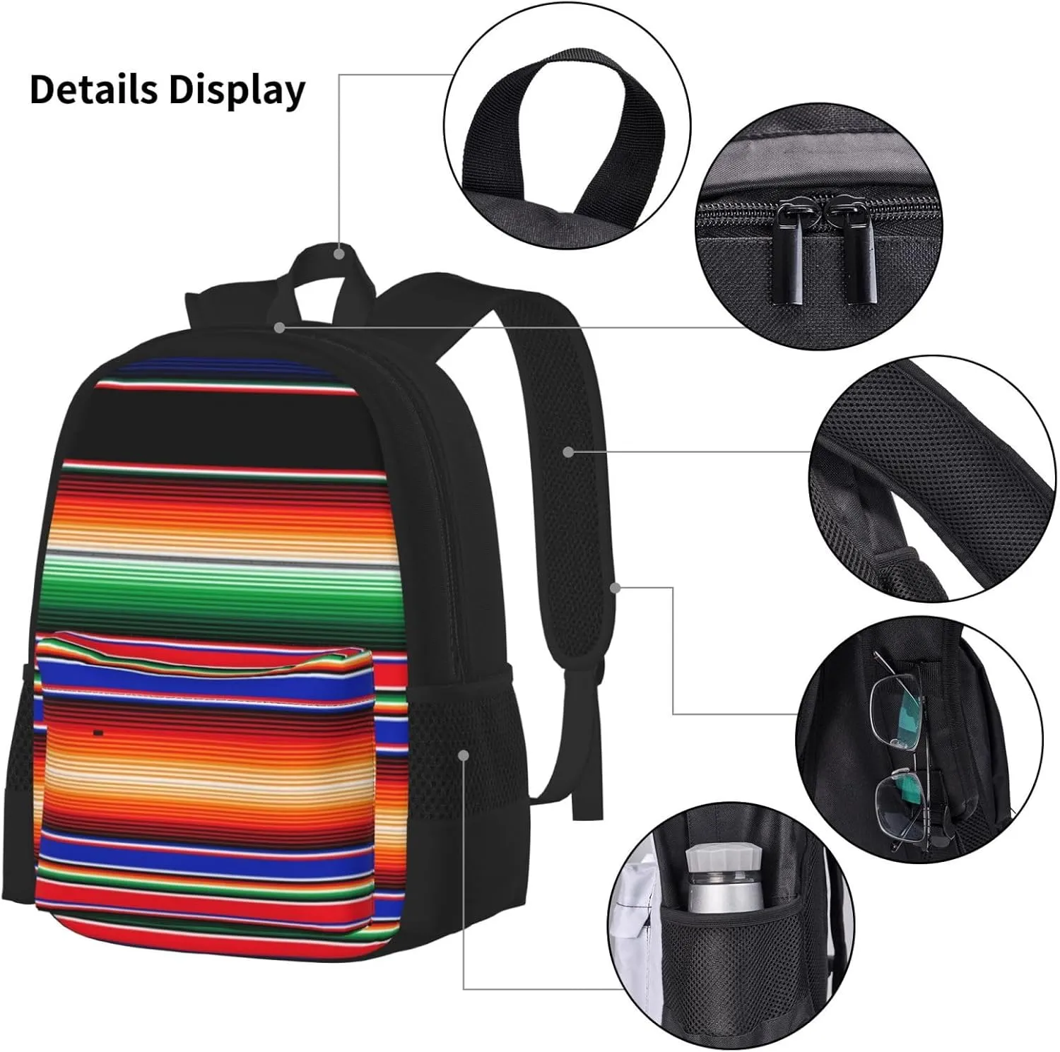 Serape Rainbow Stripes Mexican Pattern Multifunctional Pocket Backpack Crossbody Lunch Bag Pencil Case 3Pcs Set Large Capacity Backpack