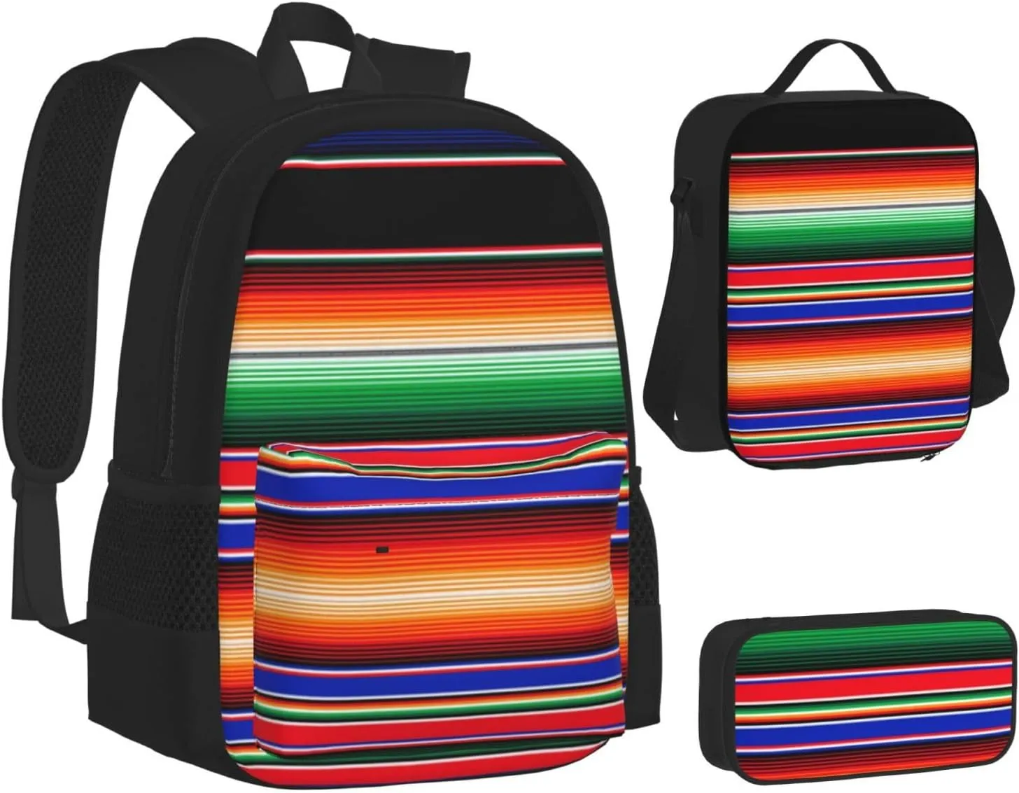 Serape Rainbow Stripes Mexican Pattern Multifunctional Pocket Backpack Crossbody Lunch Bag Pencil Case 3Pcs Set Large Capacity Backpack