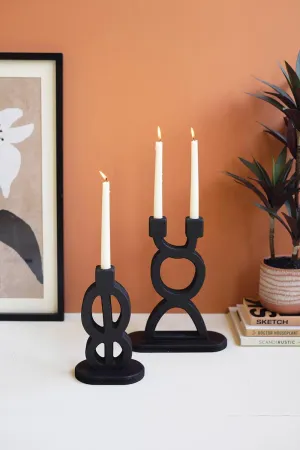 Set of 2 Black Wooden Taper Candle Holders
