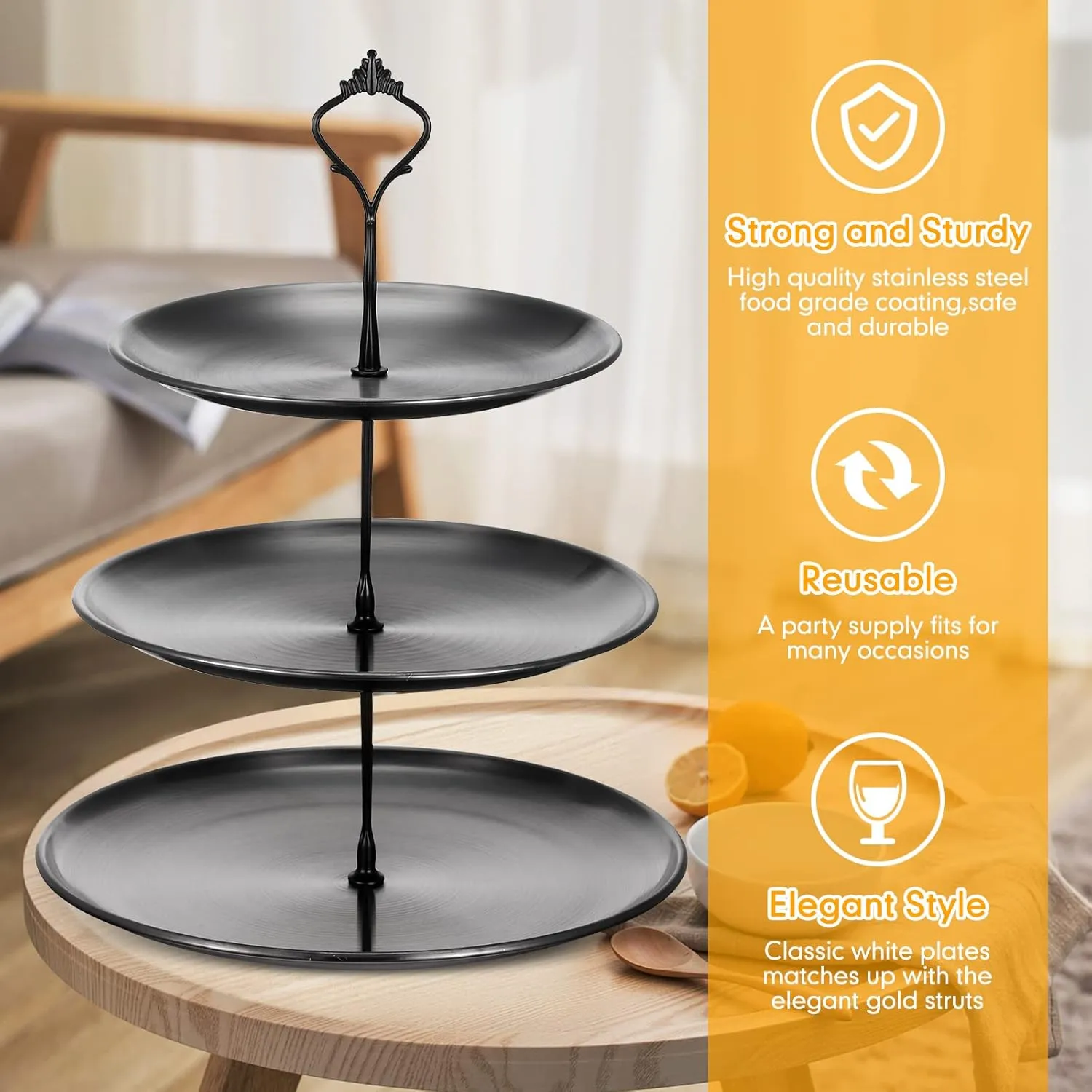 Set of 2 Cupcake Display Stands 3 Tier Serving Tray Platters Stainless Steel Cup Cake Tower for Birthday Party Wedding Dessert Cookie Candy(Black)