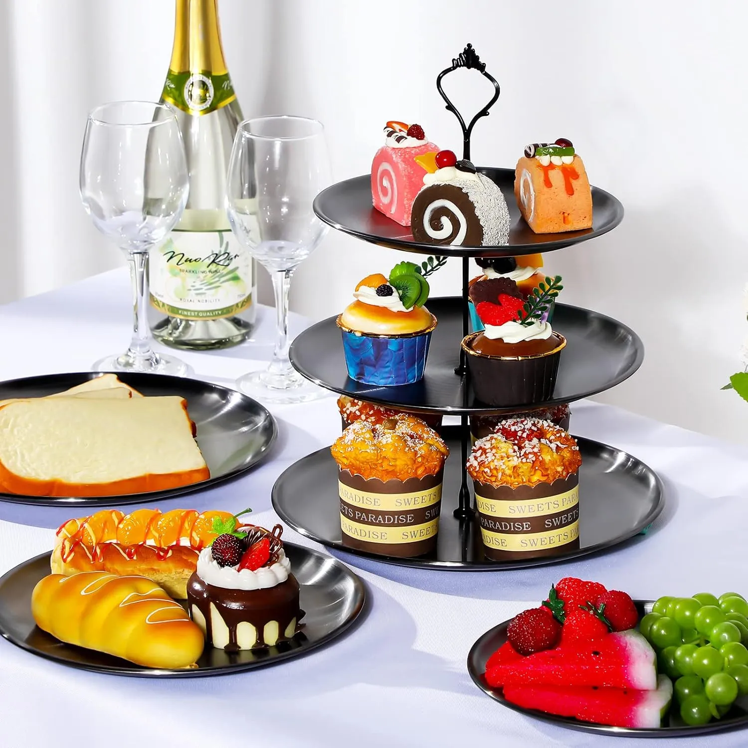 Set of 2 Cupcake Display Stands 3 Tier Serving Tray Platters Stainless Steel Cup Cake Tower for Birthday Party Wedding Dessert Cookie Candy(Black)