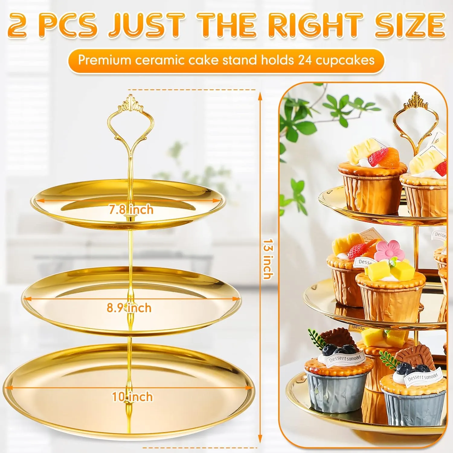 Set of 2 Cupcake Display Stands 3 Tier Serving Tray Platters Stainless Steel Cup Cake Tower for Birthday Party Wedding Dessert Cookie Candy(Gold)