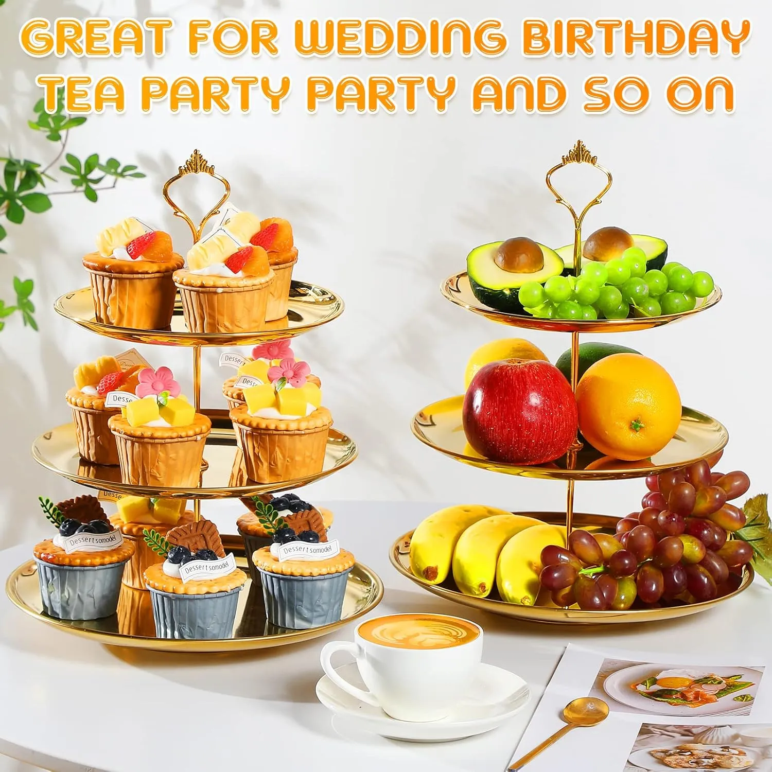 Set of 2 Cupcake Display Stands 3 Tier Serving Tray Platters Stainless Steel Cup Cake Tower for Birthday Party Wedding Dessert Cookie Candy(Gold)